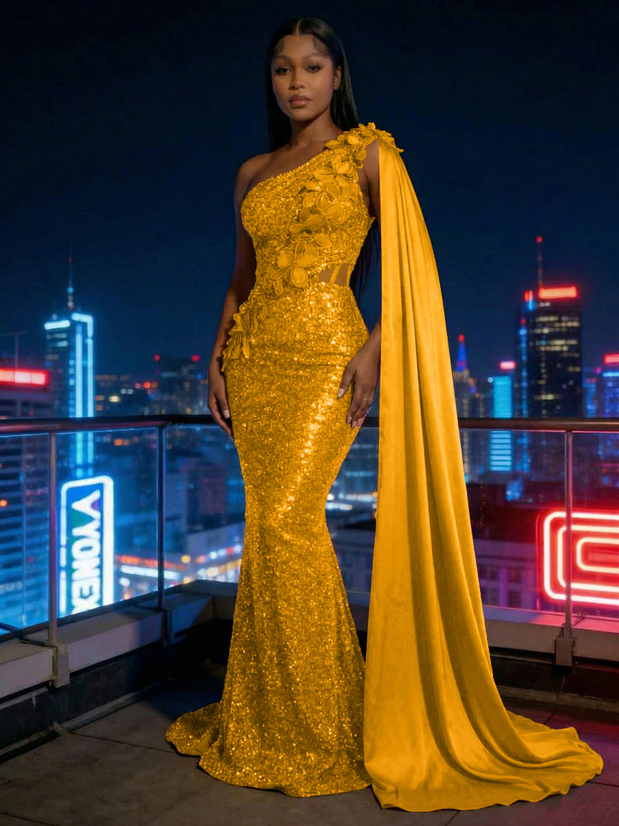 Mermaid Sparkly Sequin One Shoulder Floor-Length Evening Dresses with 3D Flower Appliques & Satin Drape