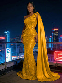 Mermaid Sparkly Sequin One Shoulder Floor-Length Evening Dresses with 3D Flower Appliques & Satin Drape