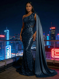 Mermaid Sparkly Sequin One Shoulder Floor-Length Evening Dresses with 3D Flower Appliques & Satin Drape