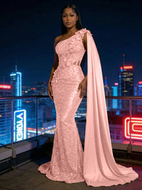 Mermaid Sparkly Sequin One Shoulder Floor-Length Evening Dresses with 3D Flower Appliques & Satin Drape
