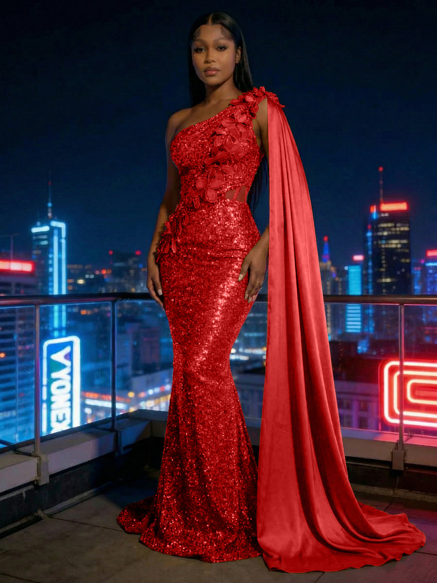 Mermaid Sparkly Sequin One Shoulder Floor-Length Evening Dresses with 3D Flower Appliques & Satin Drape