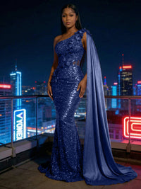 Mermaid Sparkly Sequin One Shoulder Floor-Length Evening Dresses with 3D Flower Appliques & Satin Drape