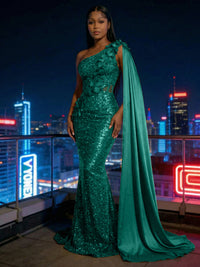 Mermaid Sparkly Sequin One Shoulder Floor-Length Evening Dresses with 3D Flower Appliques & Satin Drape
