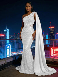Mermaid Sparkly Sequin One Shoulder Floor-Length Evening Dresses with 3D Flower Appliques & Satin Drape