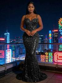 Mermaid Sparkly Sequin Spaghetti Straps Floor-Length Evening Dresses with 3D Flower Appliques