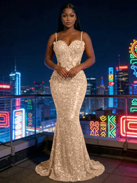 Mermaid Sparkly Sequin Spaghetti Straps Floor-Length Evening Dresses with 3D Flower Appliques