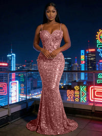 Mermaid Sparkly Sequin Spaghetti Straps Floor-Length Evening Dresses with 3D Flower Appliques