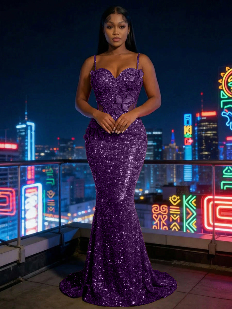 Mermaid Sparkly Sequin Spaghetti Straps Floor-Length Evening Dresses with 3D Flower Appliques