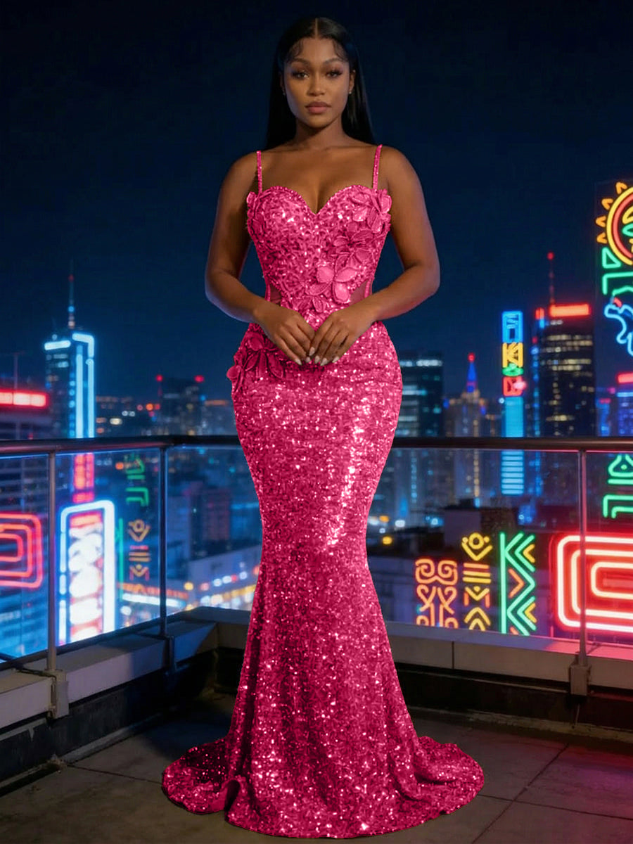 Mermaid Sparkly Sequin Spaghetti Straps Floor-Length Evening Dresses with 3D Flower Appliques