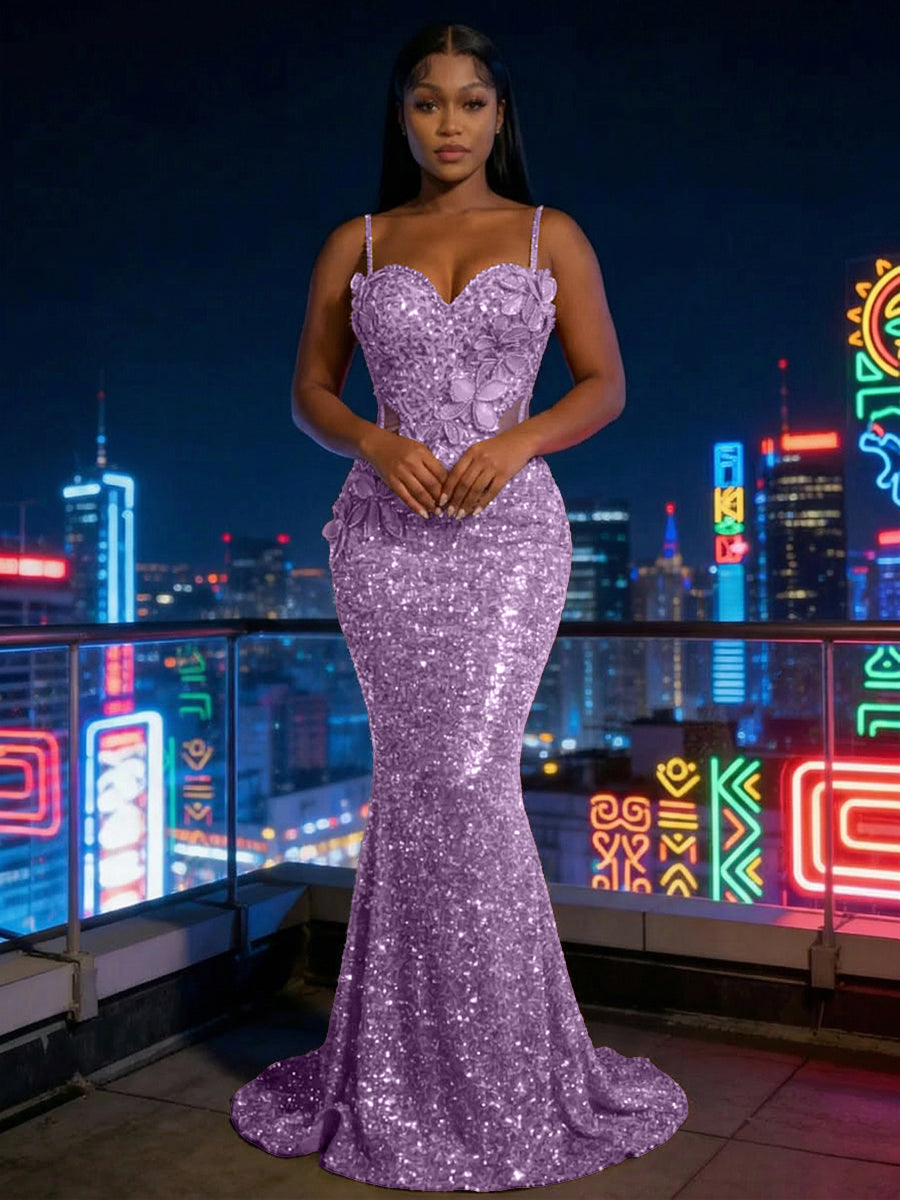Mermaid Sparkly Sequin Spaghetti Straps Floor-Length Evening Dresses with 3D Flower Appliques