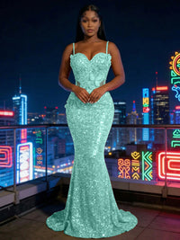 Mermaid Sparkly Sequin Spaghetti Straps Floor-Length Evening Dresses with 3D Flower Appliques