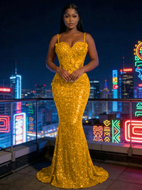 Mermaid Sparkly Sequin Spaghetti Straps Floor-Length Evening Dresses with 3D Flower Appliques