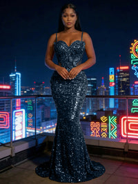Mermaid Sparkly Sequin Spaghetti Straps Floor-Length Evening Dresses with 3D Flower Appliques
