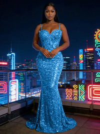Mermaid Sparkly Sequin Spaghetti Straps Floor-Length Evening Dresses with 3D Flower Appliques