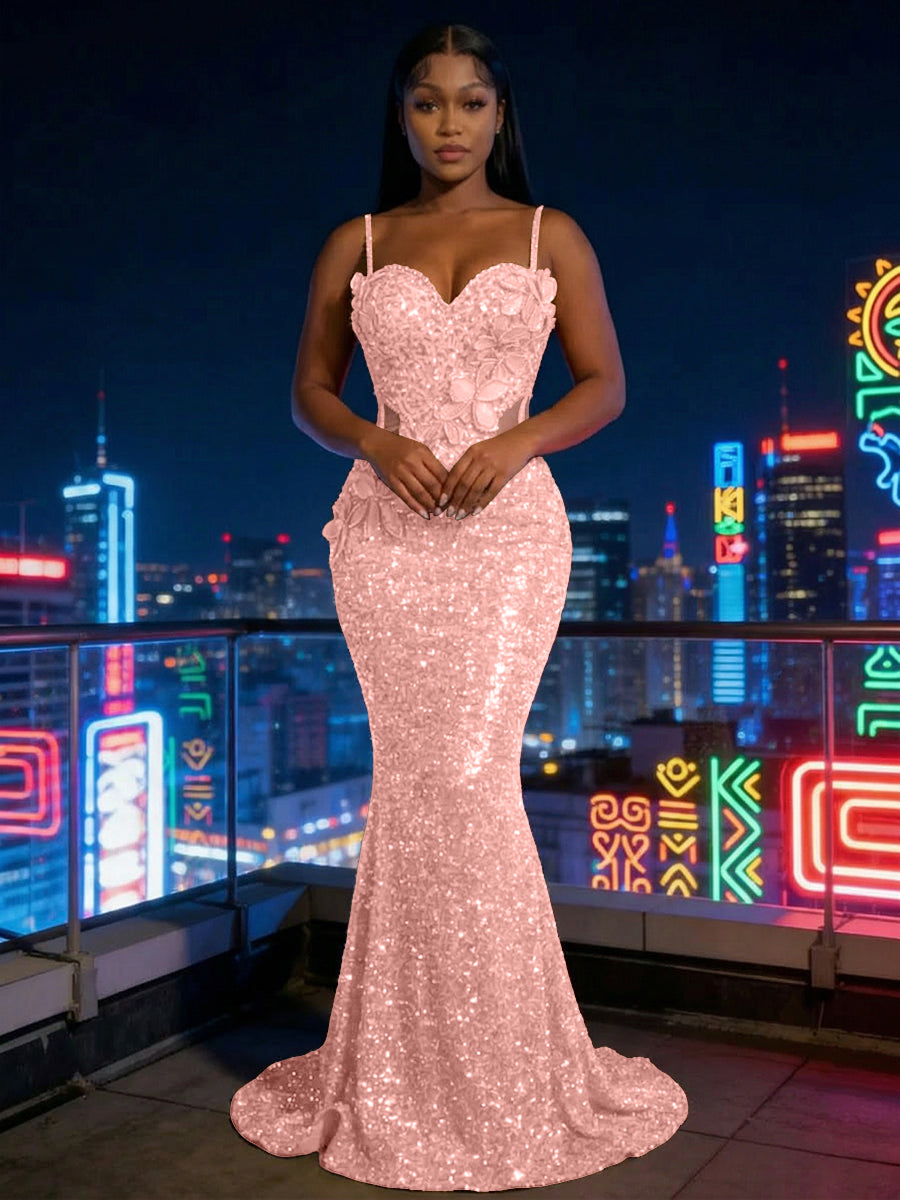 Mermaid Sparkly Sequin Spaghetti Straps Floor-Length Evening Dresses with 3D Flower Appliques