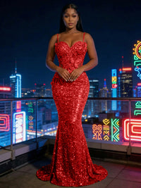 Mermaid Sparkly Sequin Spaghetti Straps Floor-Length Evening Dresses with 3D Flower Appliques