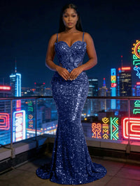 Mermaid Sparkly Sequin Spaghetti Straps Floor-Length Evening Dresses with 3D Flower Appliques