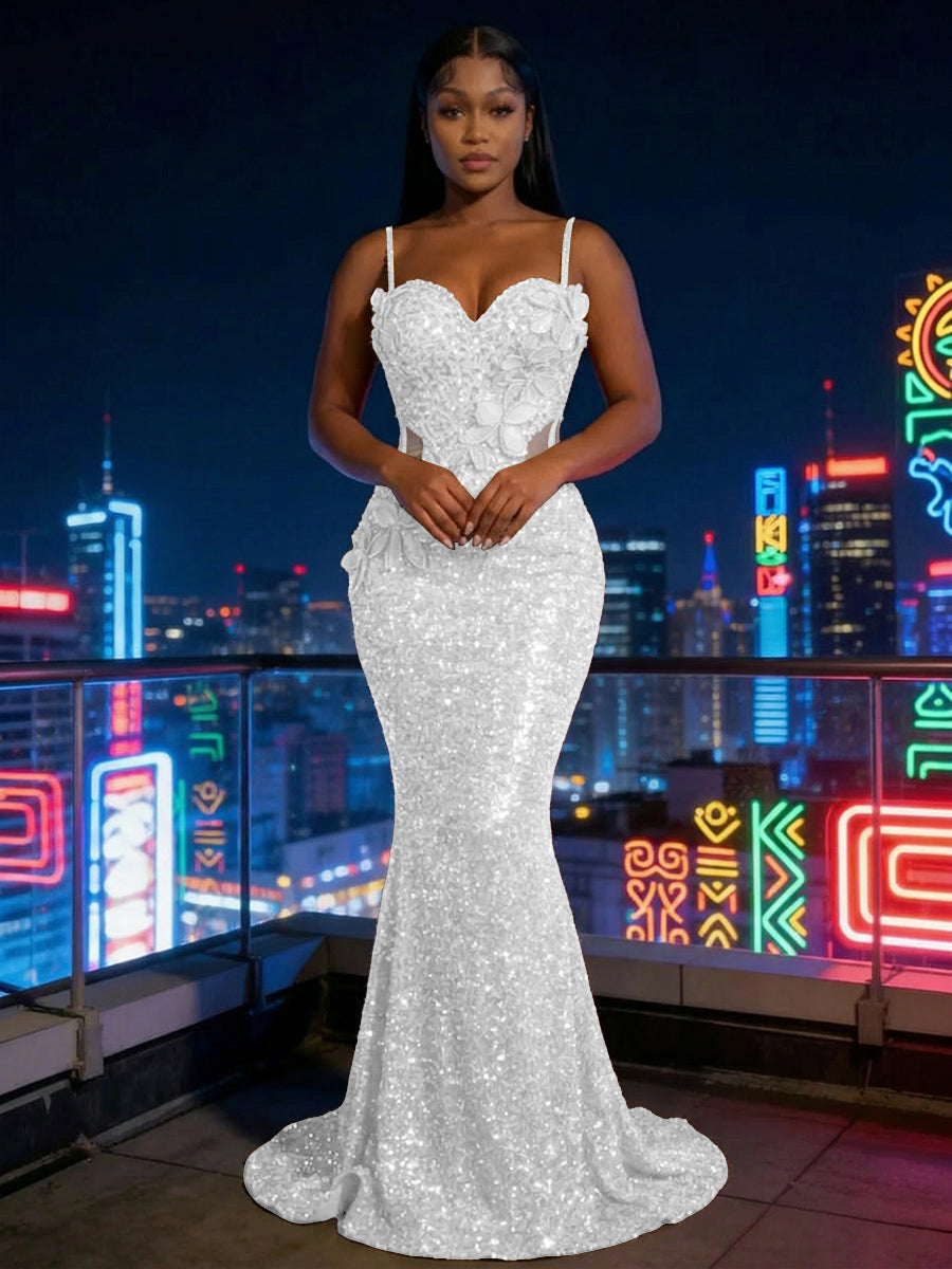 Mermaid Sparkly Sequin Spaghetti Straps Floor-Length Evening Dresses with 3D Flower Appliques