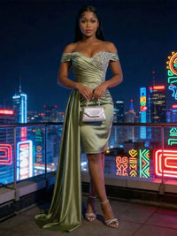 Sheath Satin Off Shoulder Short-Length Evening Dresses with Side Drape