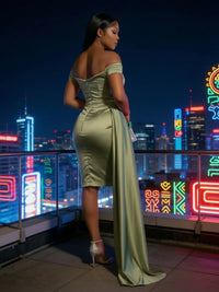 Sheath Satin Off Shoulder Short-Length Evening Dresses with Side Drape