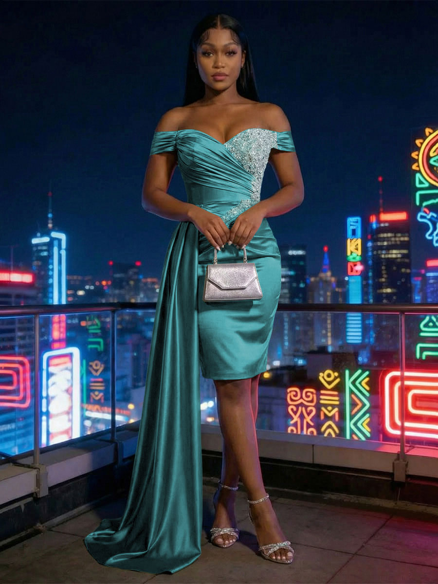 Sheath Satin Off Shoulder Short-Length Evening Dresses with Side Drape