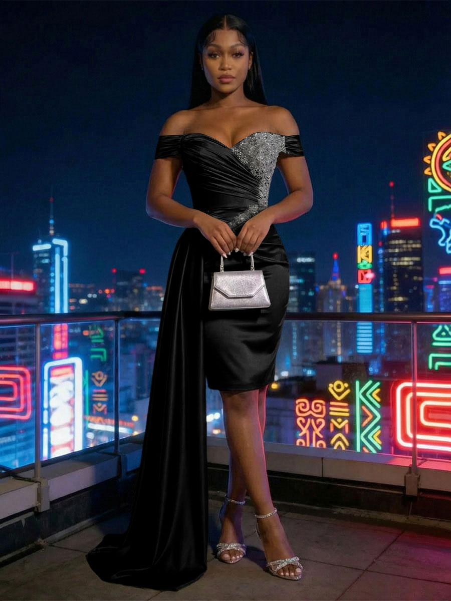 Sheath Satin Off Shoulder Short-Length Evening Dresses with Side Drape
