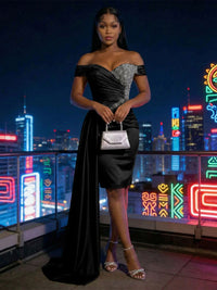 Sheath Satin Off Shoulder Short-Length Evening Dresses with Side Drape