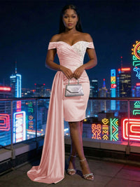 Sheath Satin Off Shoulder Short-Length Evening Dresses with Side Drape