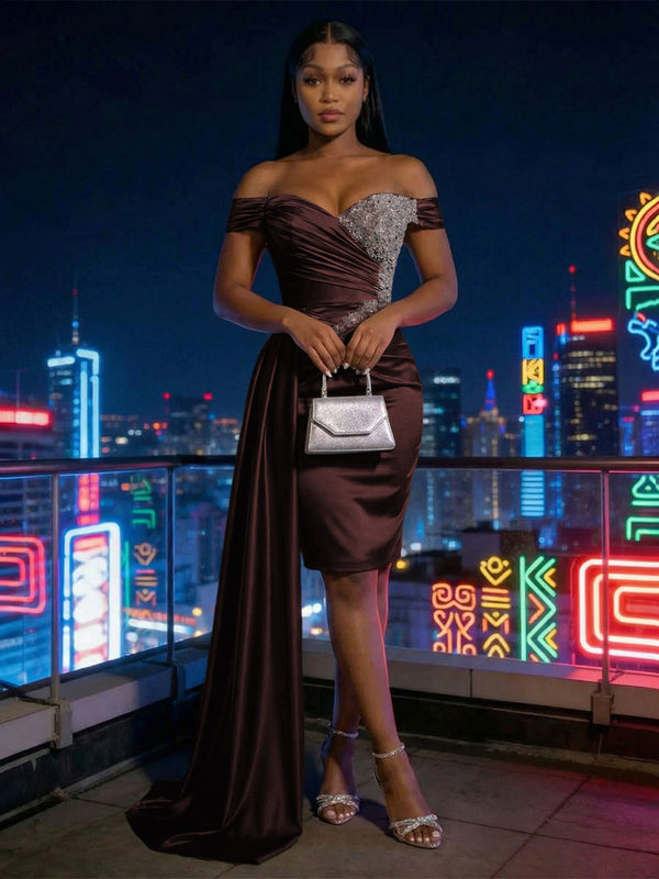 Sheath Satin Off Shoulder Short-Length Evening Dresses with Side Drape