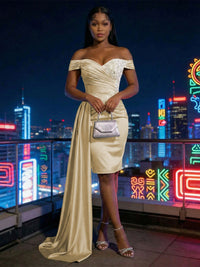 Sheath Satin Off Shoulder Short-Length Evening Dresses with Side Drape