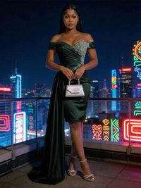 Sheath Satin Off Shoulder Short-Length Evening Dresses with Side Drape