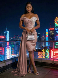 Sheath Satin Off Shoulder Short-Length Evening Dresses with Side Drape
