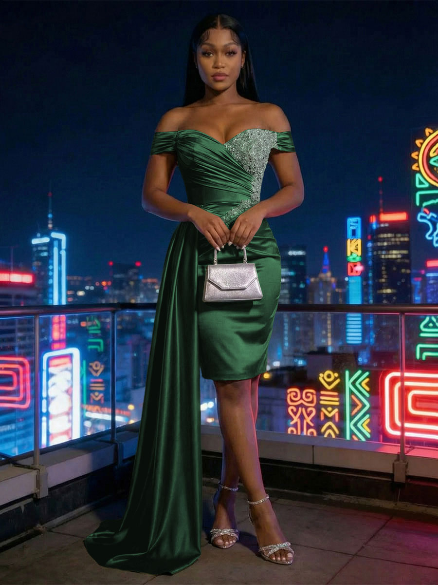 Sheath Satin Off Shoulder Short-Length Evening Dresses with Side Drape
