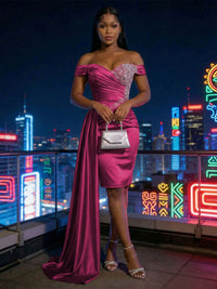 Sheath Satin Off Shoulder Short-Length Evening Dresses with Side Drape