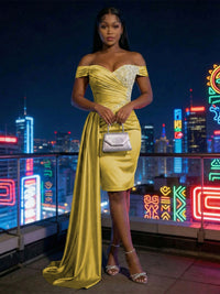 Sheath Satin Off Shoulder Short-Length Evening Dresses with Side Drape