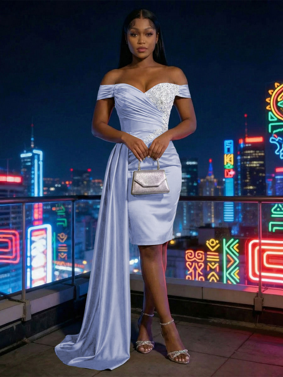 Sheath Satin Off Shoulder Short-Length Evening Dresses with Side Drape