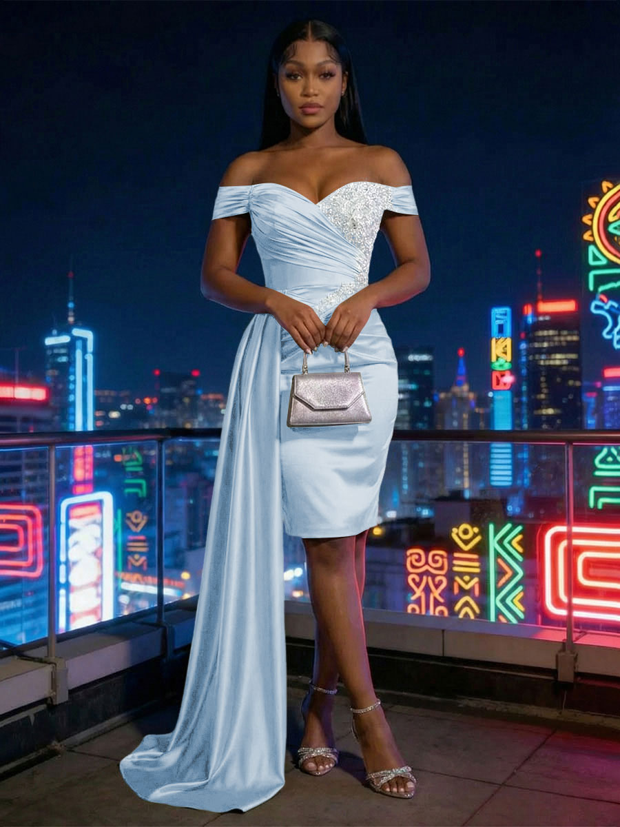 Sheath Satin Off Shoulder Short-Length Evening Dresses with Side Drape