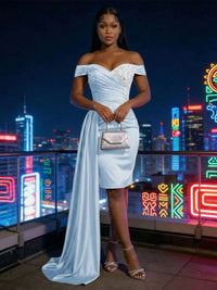 Sheath Satin Off Shoulder Short-Length Evening Dresses with Side Drape