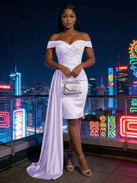 Sheath Satin Off Shoulder Short-Length Evening Dresses with Side Drape