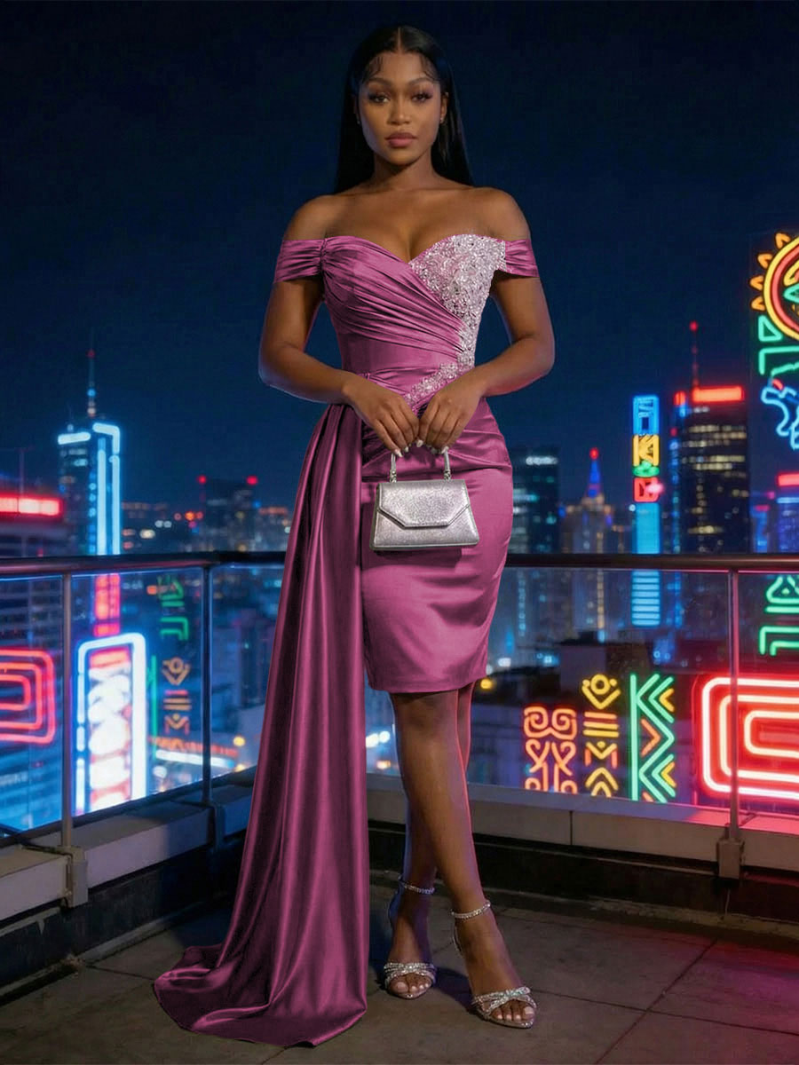 Sheath Satin Off Shoulder Short-Length Evening Dresses with Side Drape