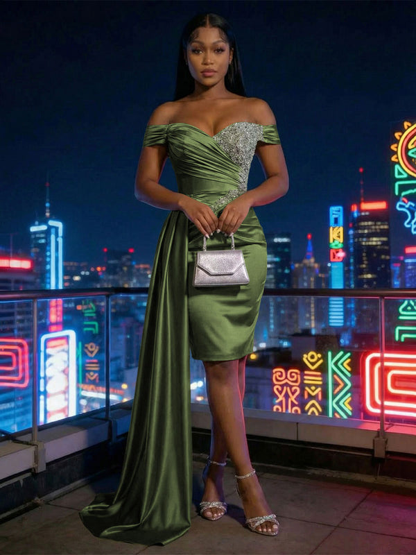Sheath Satin Off Shoulder Short-Length Evening Dresses with Side Drape
