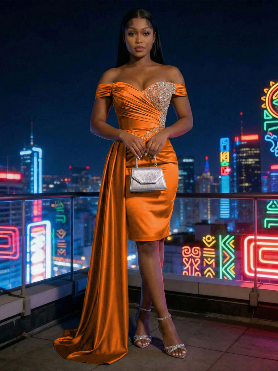 Sheath Satin Off Shoulder Short-Length Evening Dresses with Side Drape