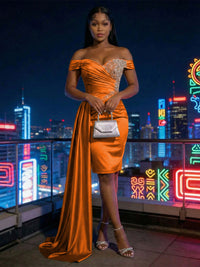 Sheath Satin Off Shoulder Short-Length Evening Dresses with Side Drape