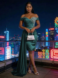 Sheath Satin Off Shoulder Short-Length Evening Dresses with Side Drape