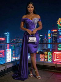 Sheath Satin Off Shoulder Short-Length Evening Dresses with Side Drape