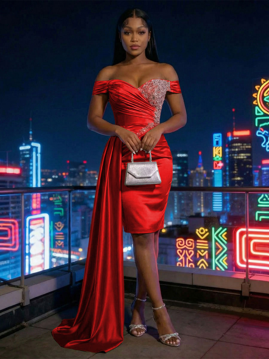 Sheath Satin Off Shoulder Short-Length Evening Dresses with Side Drape