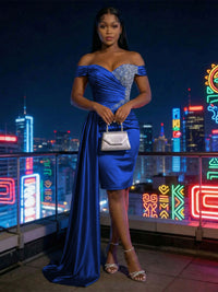Sheath Satin Off Shoulder Short-Length Evening Dresses with Side Drape