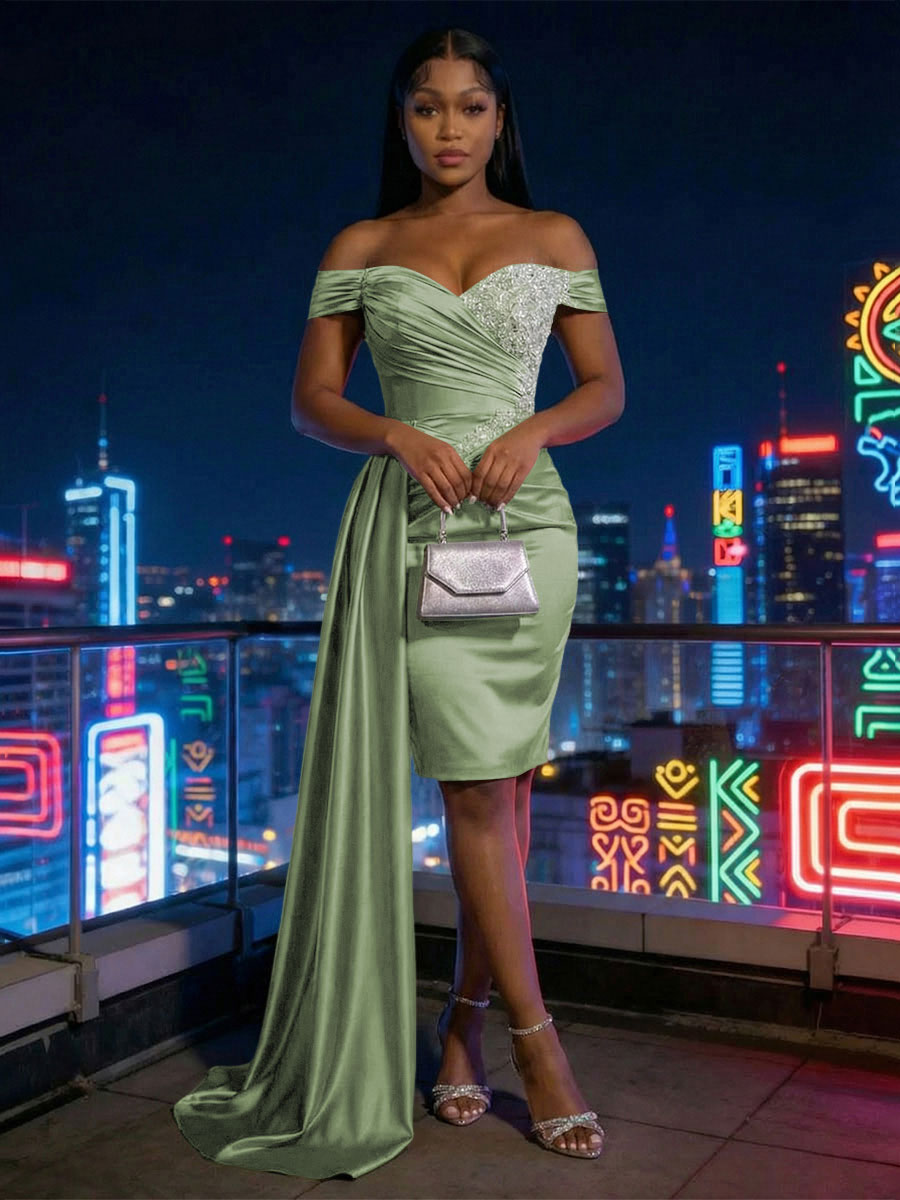 Sheath Satin Off Shoulder Short-Length Evening Dresses with Side Drape