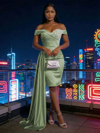 Sheath Satin Off Shoulder Short-Length Evening Dresses with Side Drape