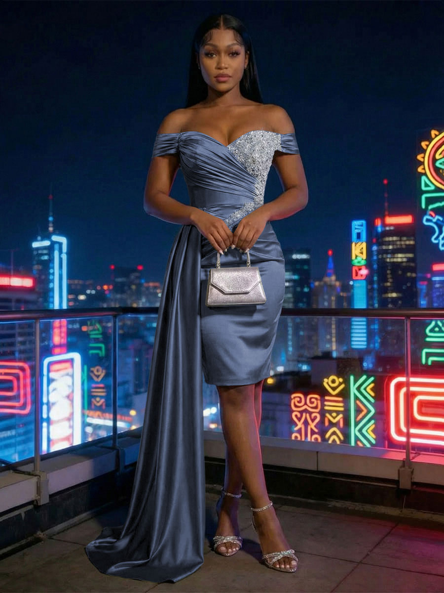 Sheath Satin Off Shoulder Short-Length Evening Dresses with Side Drape
